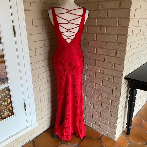 Vintage Dresses & Skirts - Vintage Zum Zum Prom Dress Maxi Gown Satin 90s Y2K Glam Open Back Jacquard 5 / 6